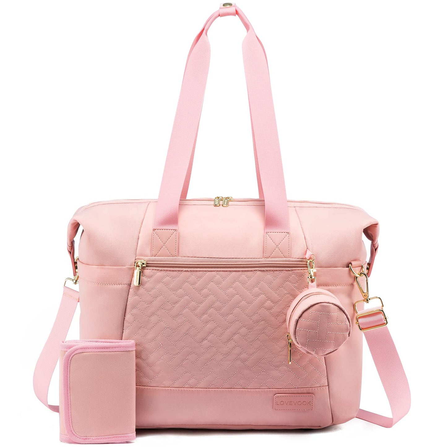 Lovevook Diaper Bag Tote, Large Baby Tote Bag, Travel Diaper Tote For Mom And Dad With Changing Pad And First Aid Bag, Pink