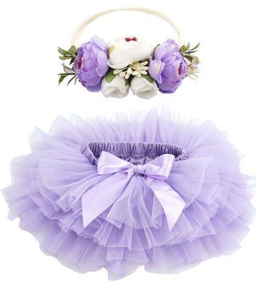 Bgfks Baby Girls Soft Fluffy Tutu Skirt With Diaper Cover,Toddler Girl Tutu Skirt Sets With Flower Headband Purple