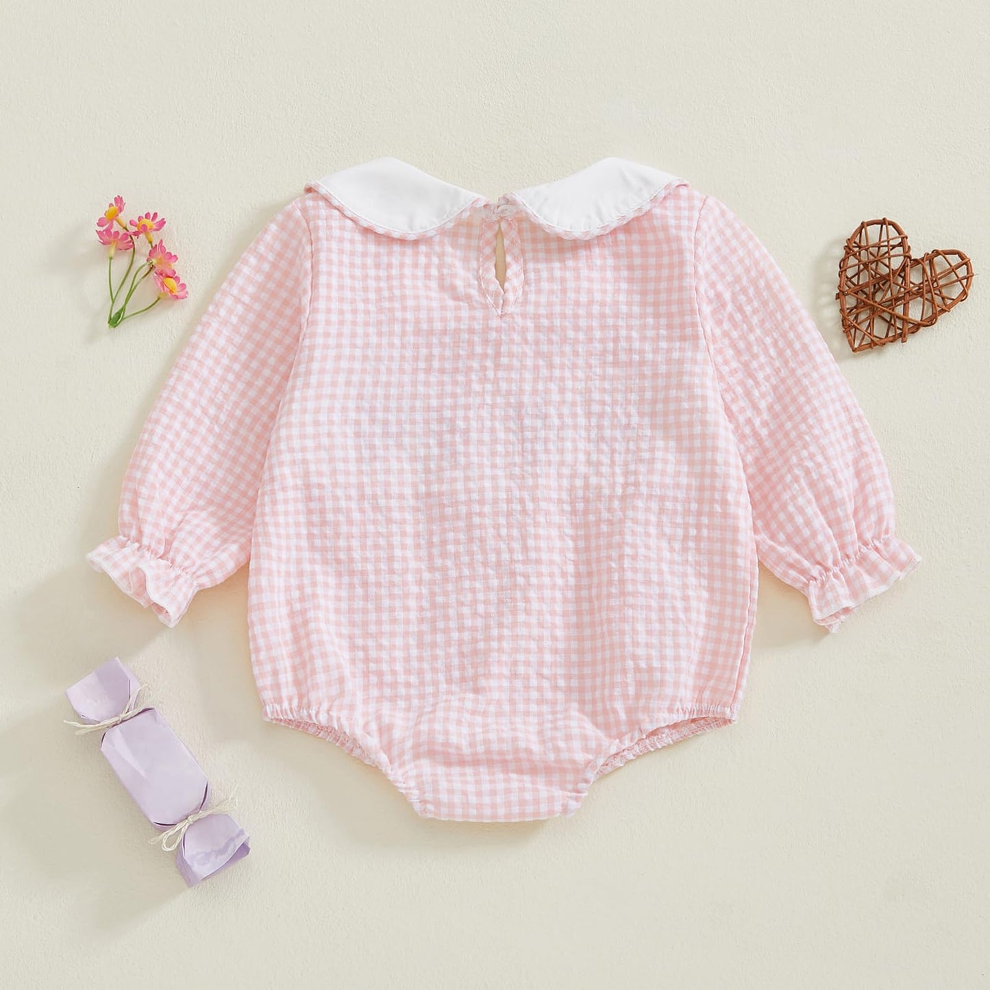 Newborn Baby Girls Valentines Day Clothes Long Sleeve Doll Collar Smocked Heart Embroidery Plaid Bubble Romper Outfit (Pink, 18-