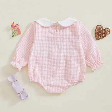 Newborn Baby Girls Valentines Day Clothes Long Sleeve Doll Collar Smocked Heart Embroidery Plaid Bubble Romper Outfit (Pink, 12-