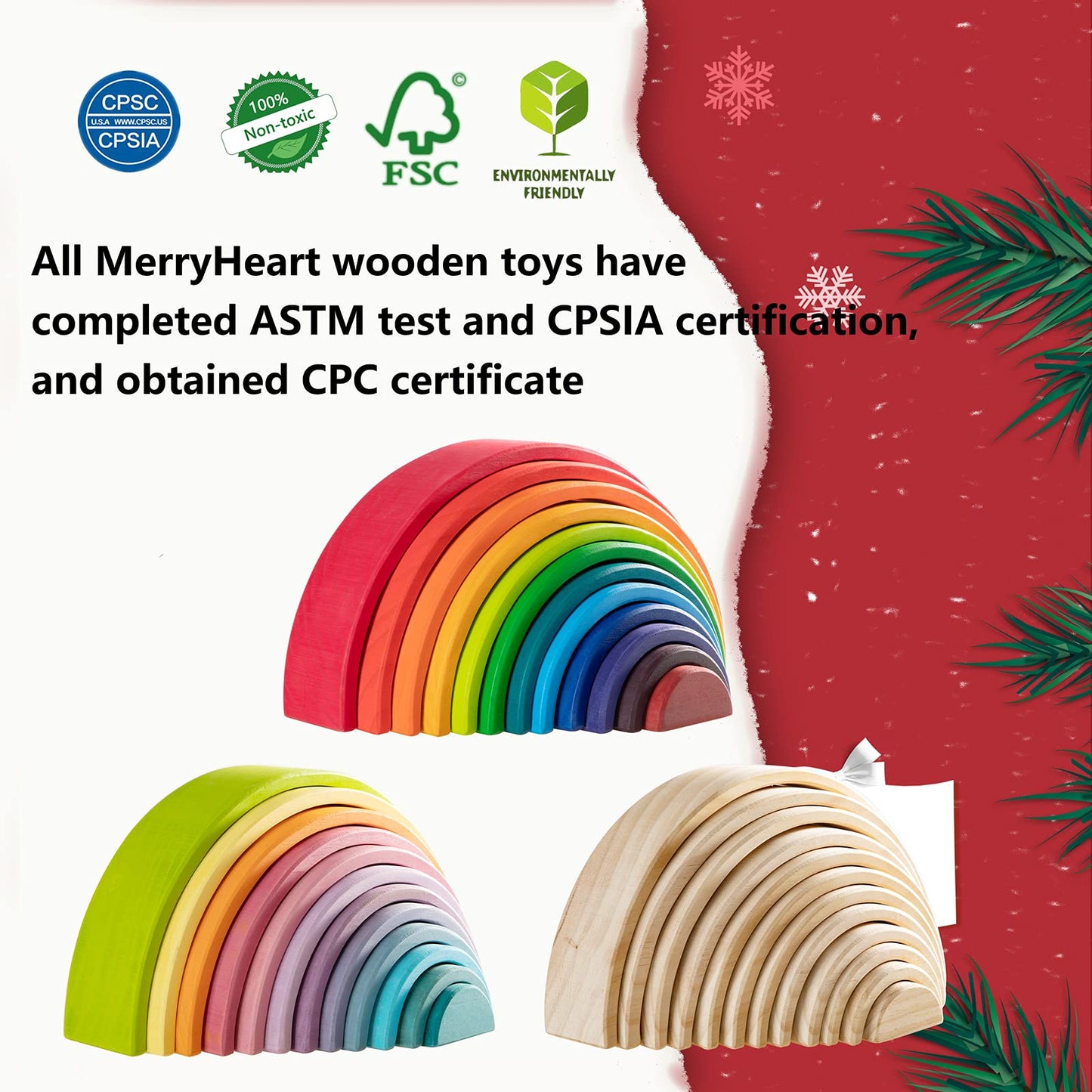 MERRYHEART Wooden Rainbow Stacking Toy, 12 Pcs Wood Building Blocks Set, Waldorf Toys for Toddlers, Matching Educational Learnin