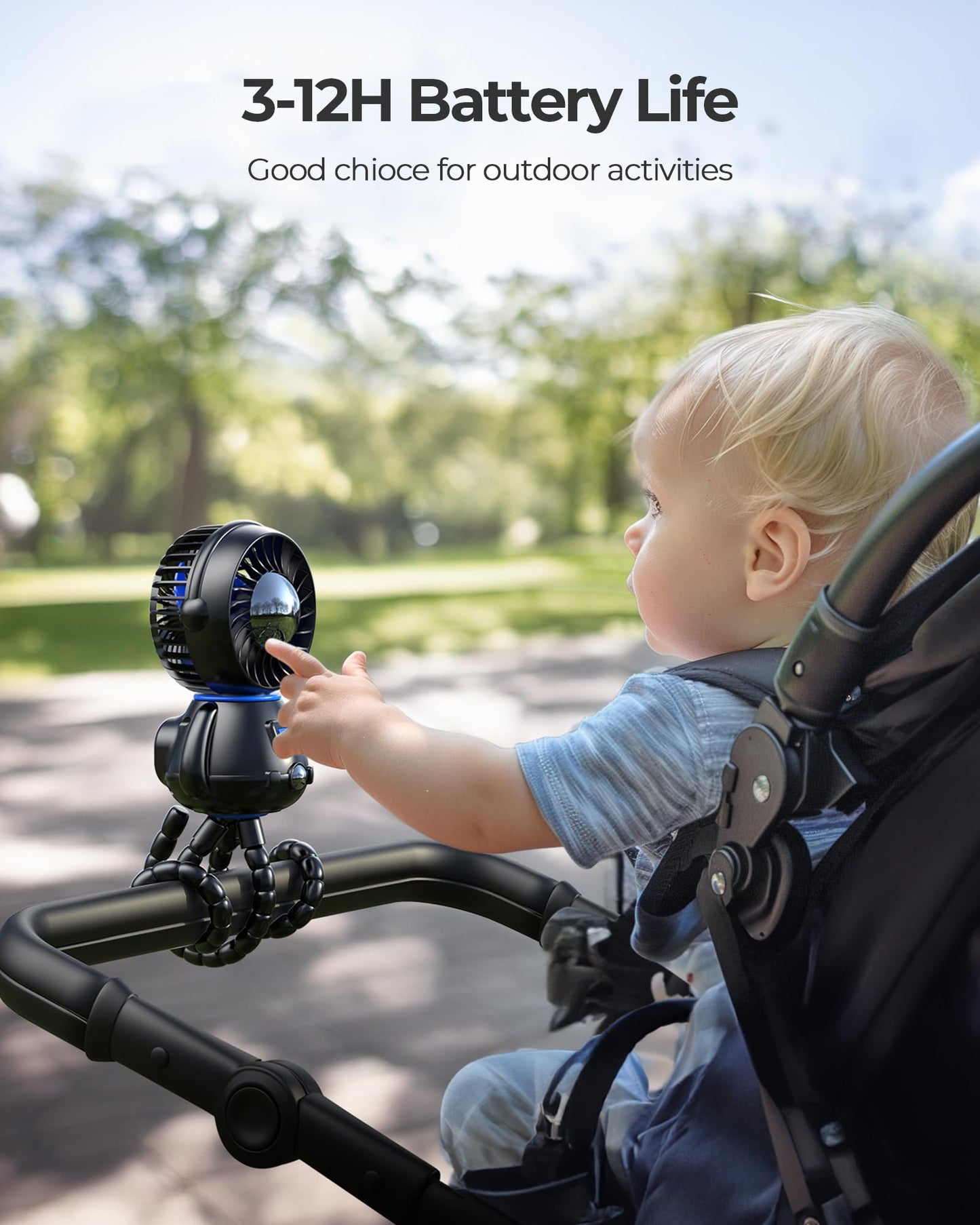 Slenpet Astronaut Portable Stroller Fan, Baby-Safe Clip-On With Detachable Flexible Tripod, Rechargeable Battery-Operated, 3-Spe