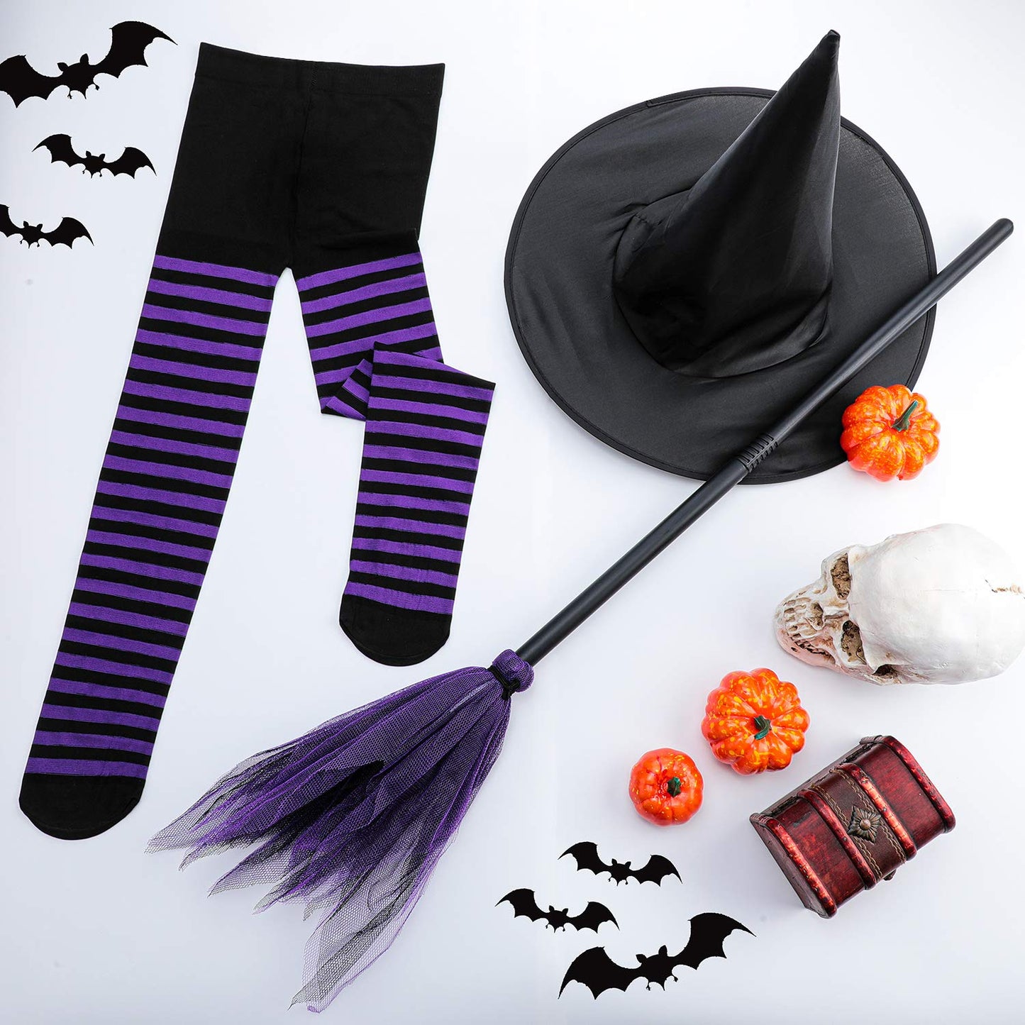 Halloween Witch Costume Accessories Set Witch Broom Plastic Broomstick Black Witch Hat Striped Tights For Halloween Party (Purpl