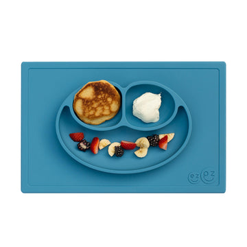 Ezpz Happy Mat - 24 Months+ (Blue) - 100% Silicone Suction Plate With Built-In Placemat For Toddlers + Preschoolers - Divided To
