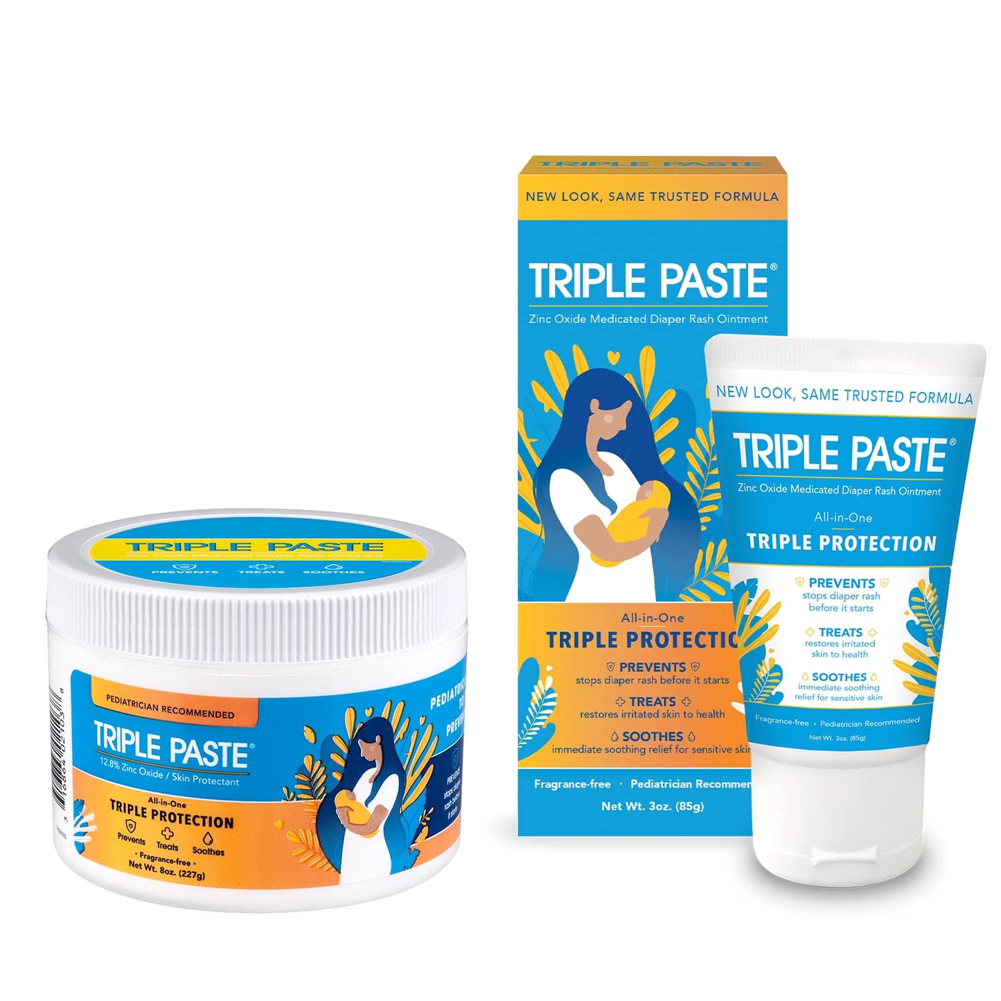 Triple Paste Diaper Rash Cream For Baby - 8 Oz Tub & 3 Oz Tube At Home & On The Go Bundle - Zinc Oxide Ointment Treats, Soothes
