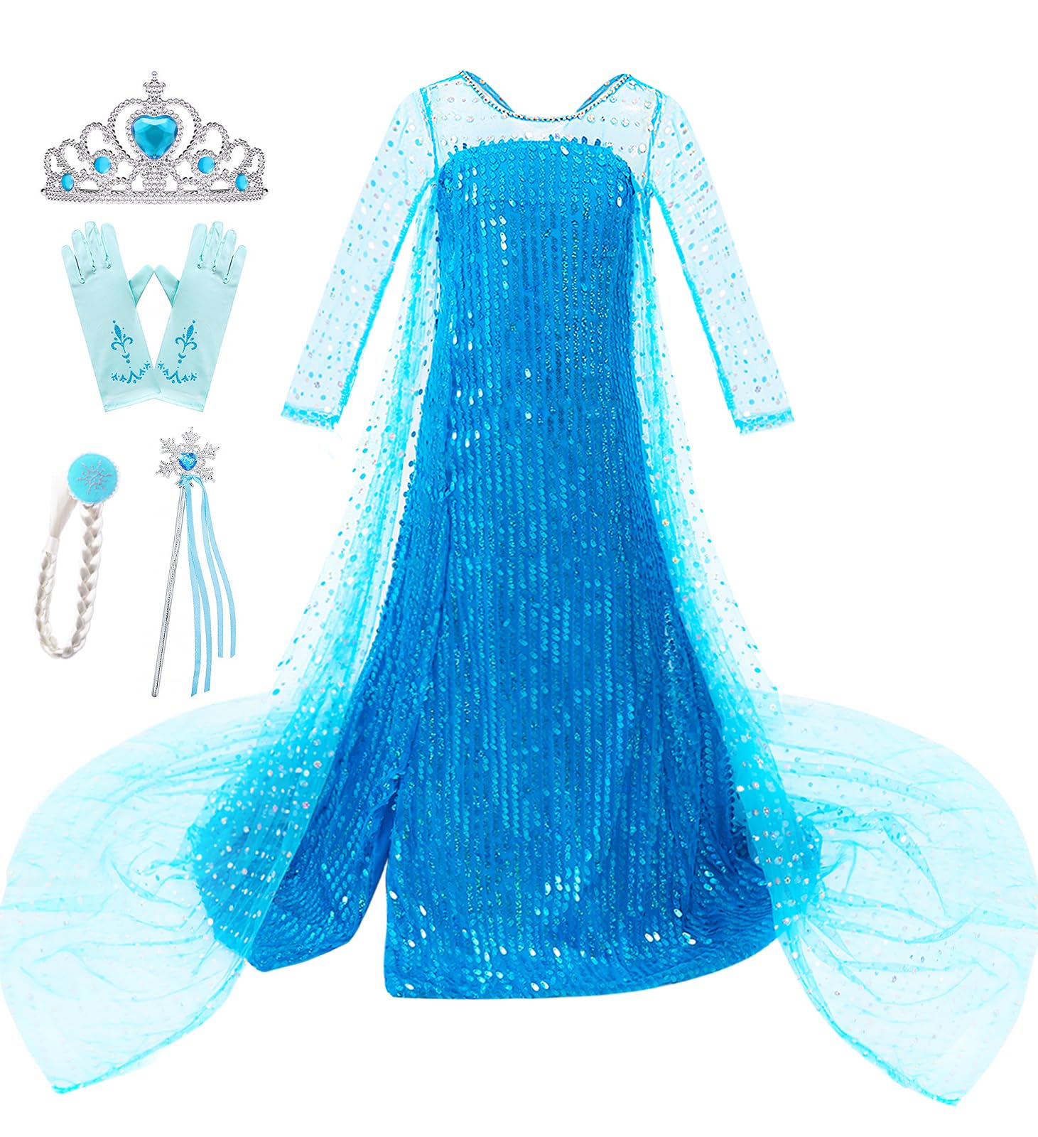 Esvaiy Girls Princess Elsa Dress Costume - Luxury Sequin Halloween Birthday Party Dress Up Kids 3T 4T 5T 6T 7T 8T (4-5 Years, Bl