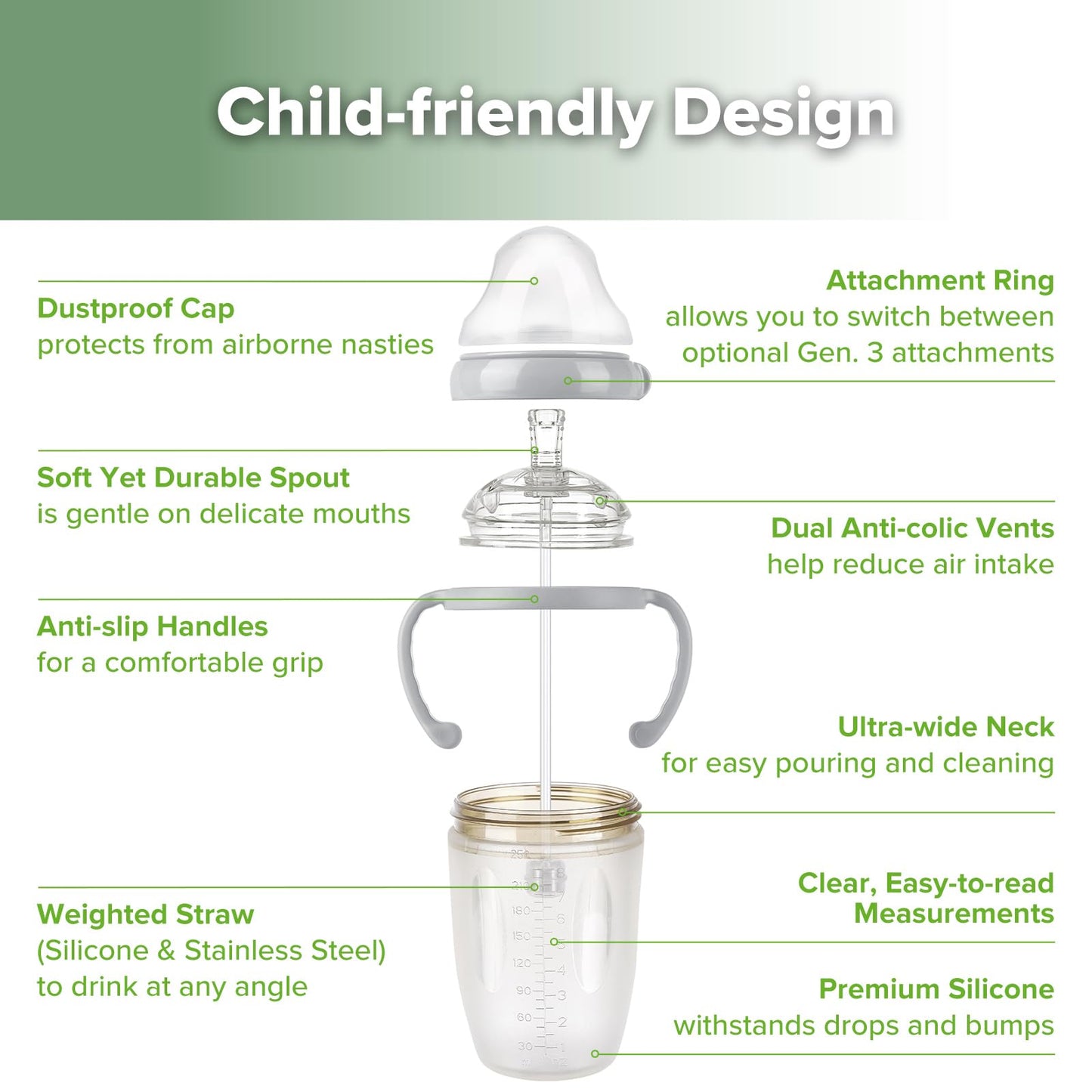 Haakaa Weighted Straw Sippy Cup For 6+ Month Old, Silicone Baby Straw Cup Toddler Water Bottle With Straw Brush, 8Oz/250Ml, Grey