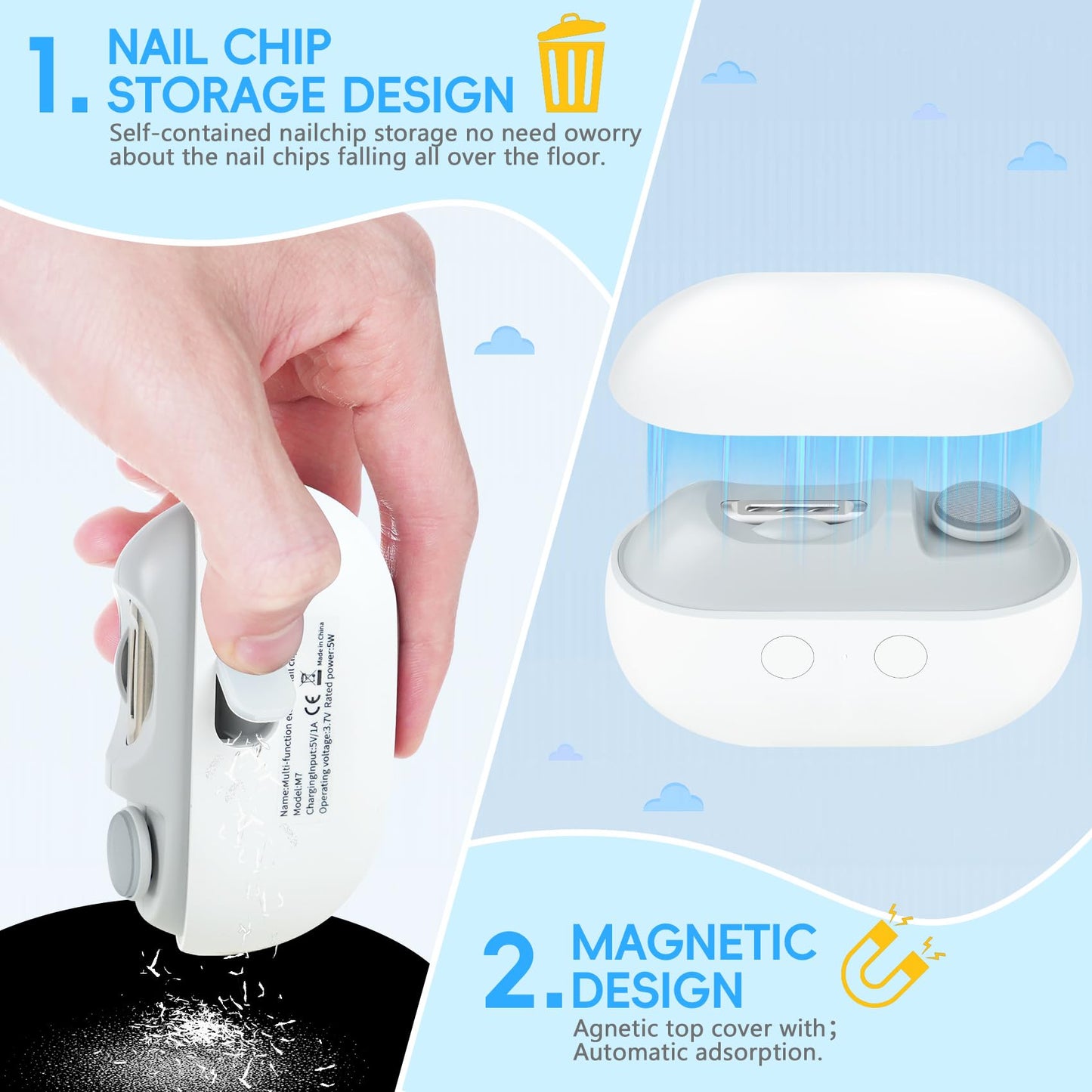 Electric Nail Clipper With Led Light & 2 Speeds, 3 In 1 Design, Electric Nail Trimmer With Nail Clip Storage, Usb Rechargeable A