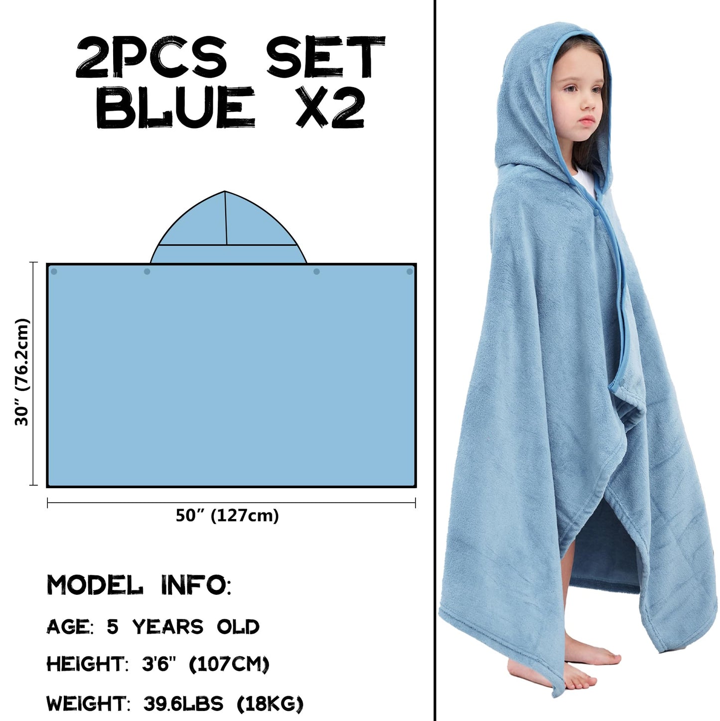 Hiturbo 2Pcs Kids Hooded Towel: Soft Plush Fleece Blanket - 50'X30' Swim Cover Up - Pool Beach Bath Towel Wrap For 3-12 Yrs (B