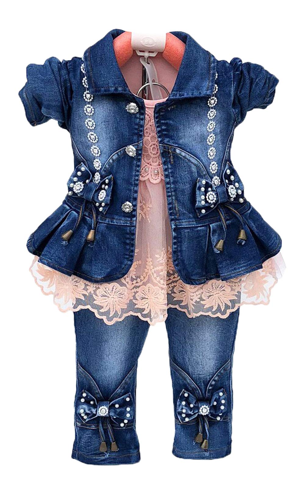 Peacolate Spring Autumn Baby Girls Clothing Set 3Pcs Long Sleeve T-Shirt Denim Jacket And Jeans(Pink,1-2Years)