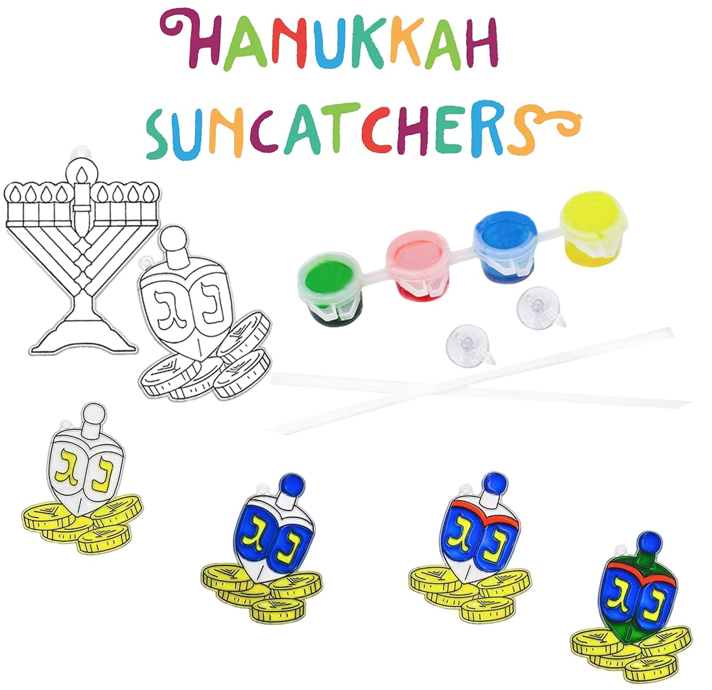 The Dreidel Company Hanukkah Sun Catcher - Stained Glass Look - Paint Your On Menorah And Dreidel - Fun And Educational (3-Pack)