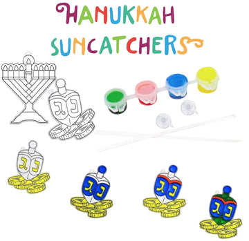 The Dreidel Company Hanukkah Sun Catcher - Stained Glass Look - Paint Your On Menorah And Dreidel - Fun And Educational (3-Pack)