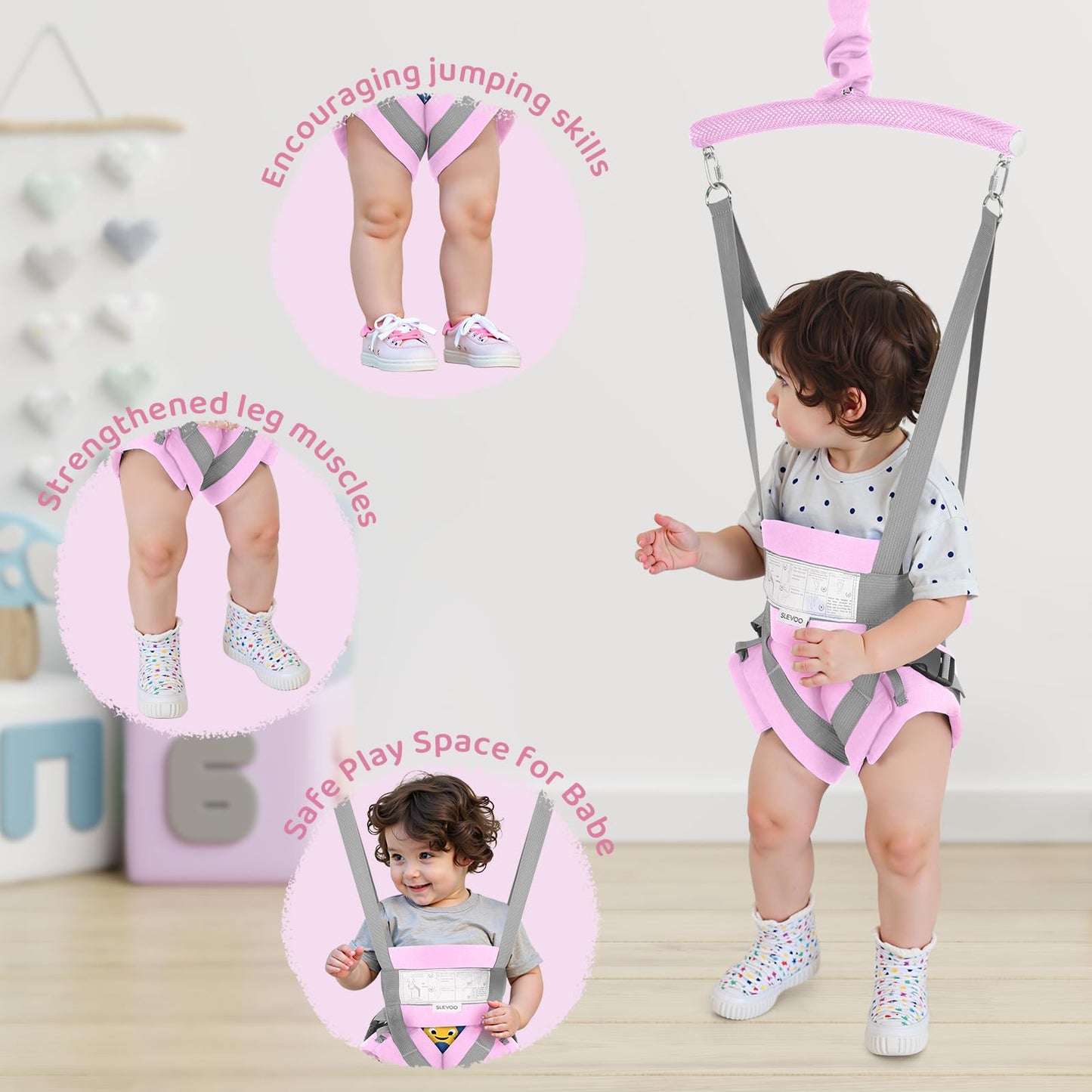 Slevoo Baby Jumper, Baby Door Jumper Quick Set Up And Easy-To-Use, Fun Bouncer For Active Play Over 1 Year Old, Pink