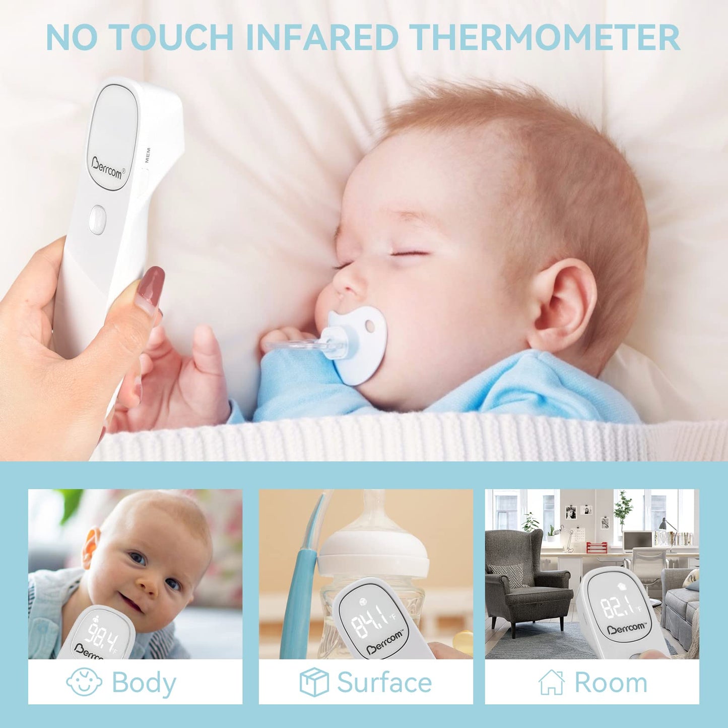 Berrcom Non Contact Infrared Thermometer Digital Forehead Thermometer For Adults And Kids Temperature Thermometer 3 In 1 With Fe