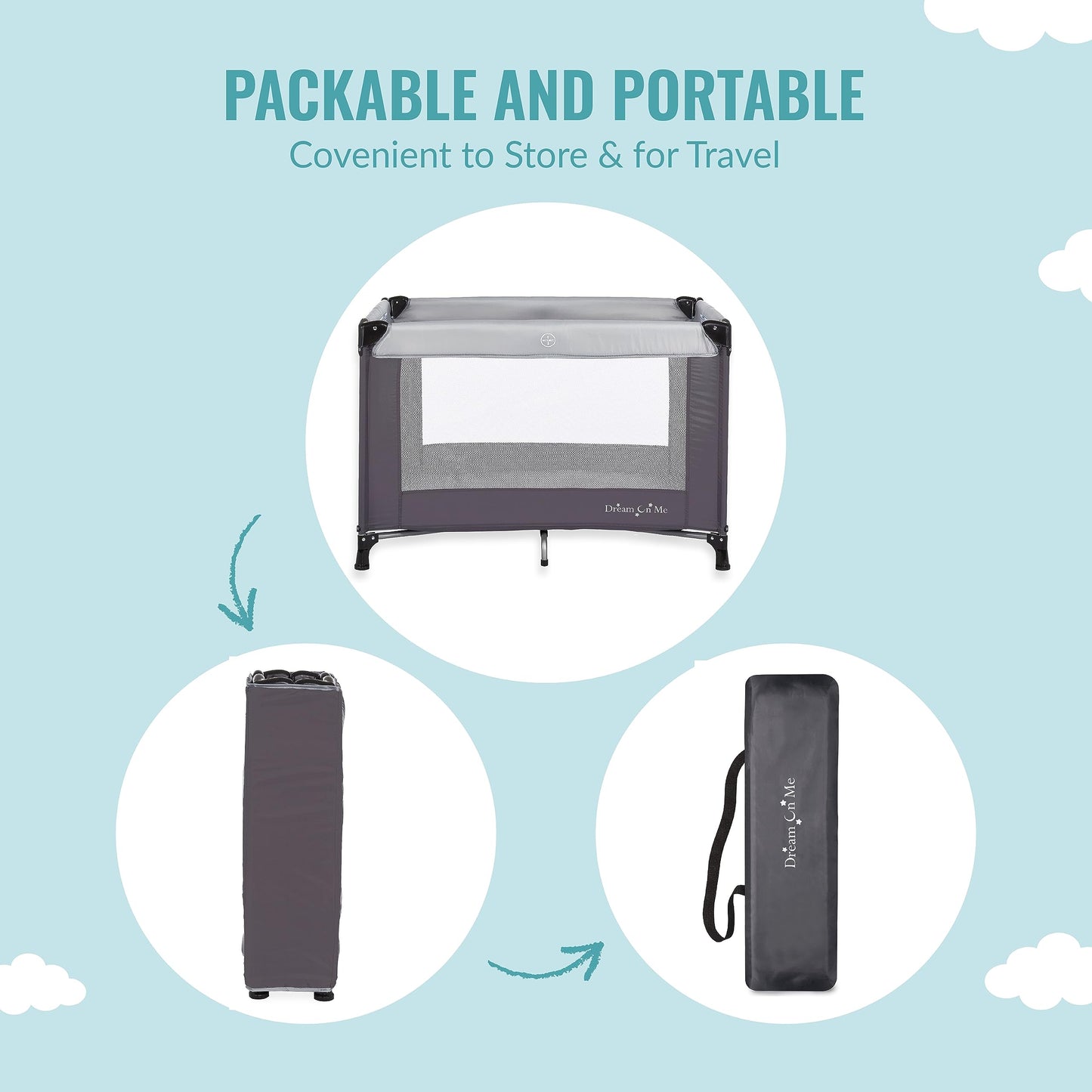 Dream On Me Nest Portable Playard in Grey with Carrybag an Shoulder Strap, Lightweight, Packable and Easy Setup Baby Playard, Br