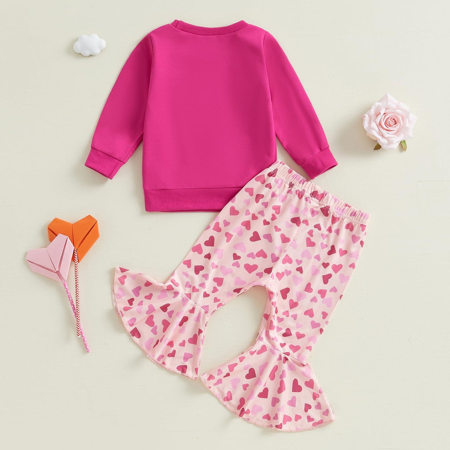 Iddolaka Toddler Baby Girls Valentines Day Outfits Long Sleeve Letter Sweatshirt Shirt Heart Flared Pants Spring Clothes (J-Viol