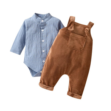 Unutiylo Baby Boys Overalls Linen Clothes 2Pcs Set Infant Gentleman Outfits Set Baby Haze Blue Bodysuit Romper Shirt And Ribbed