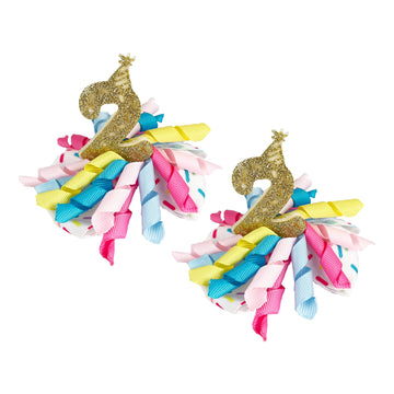 Birthday Hair Clips For Baby Girls - 2Pc Curly Ribbon With Gold Number Bow Hair Clips For 2Nd Birthday Baby Bow Party Decoration