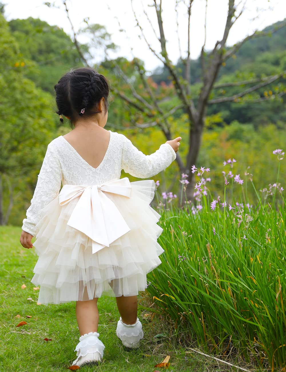 Cilucu Baby Girls Dress Toddler Kids Party Dress Tutu Pageant Lace Dresses Gown For Flower Girl Baby Birthday Long Sleeve Rose D