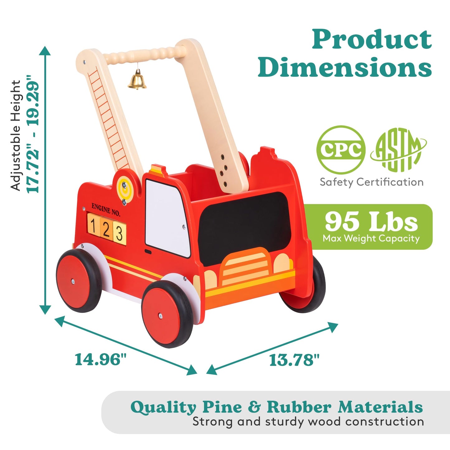 Wooden Baby Walker With Wheels - Baby Walkers For Boys Fire Truck Walker Baby - Walker For Baby Boy With Rigged Handles - Adjust