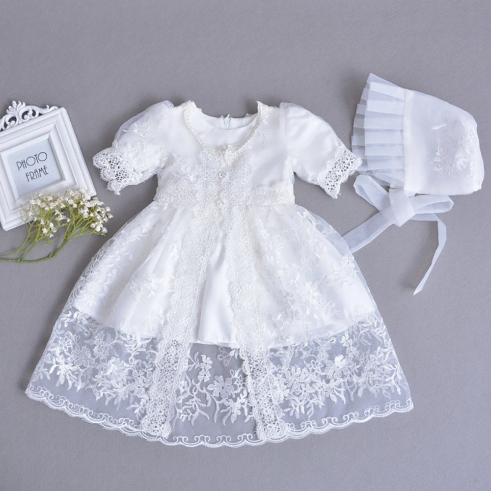 Newborn Baby Girls 3Pcs Organza Lace-Overlay Christening Gown Baptism Dress Formal Dress Outfit With Bonnet Ivory 6M