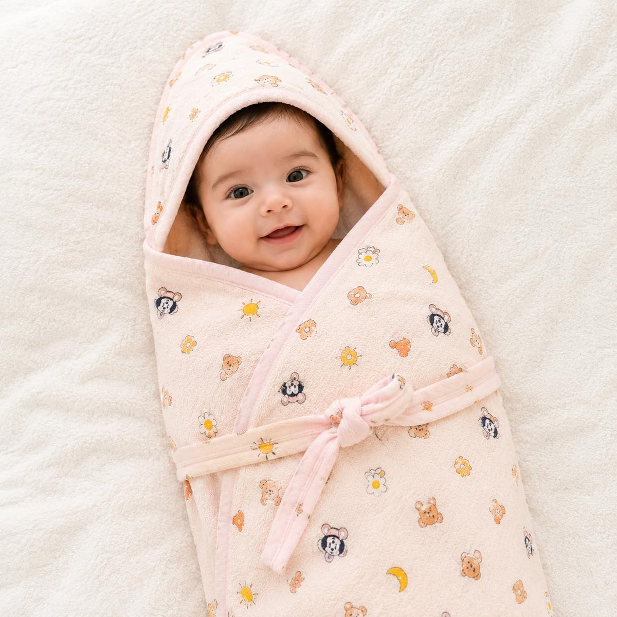 Babyholic Baby Swaddle Wrap with Hood, Pink Floral Print, Cotton, Newborn Sleeping Bag with Tie Belt (Peach)