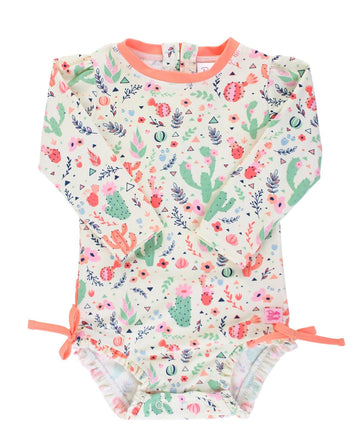 Rufflebutts Baby Girls Upf 50+ Sun Protection Novelty Print Long Sleeve One Piece Rash Guard Swimsuit With Zipper - Desert Bloss