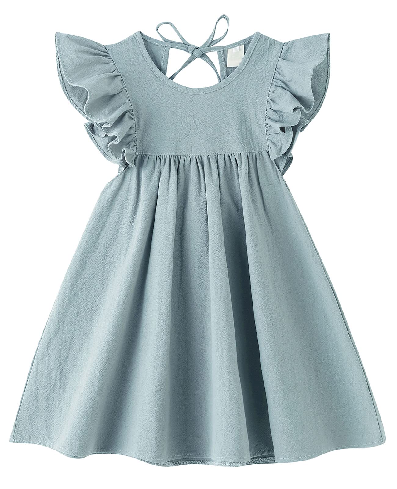 Lyxiof Toddler Baby Girl Cotton Linen Dress Ruffle Sleeve Halter Sleeveless Kids Casual Beach Dresses Blue Green 110Cm