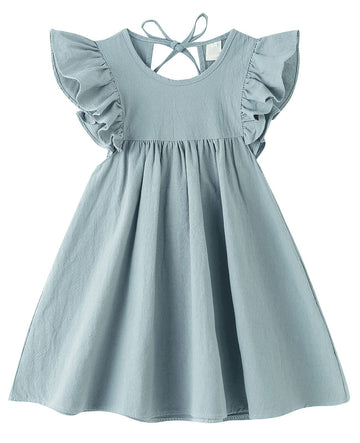 Lyxiof Toddler Baby Girl Cotton Linen Dress Ruffle Sleeve Halter Sleeveless Kids Casual Beach Dresses Blue Green 120Cm