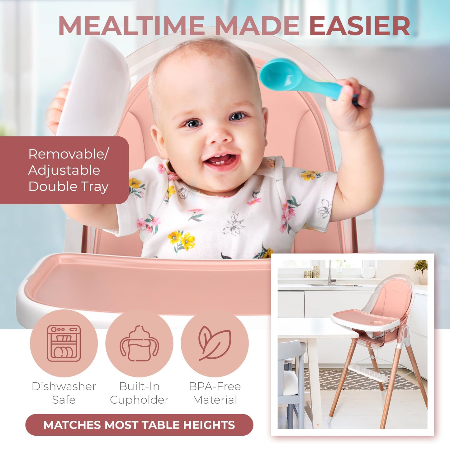 High Chair By Children Of Design Non-Reclinable 6 In 1 Baby Highchair For Babies And Toddlers, Modern Wooden, Easy To Clean, Rem