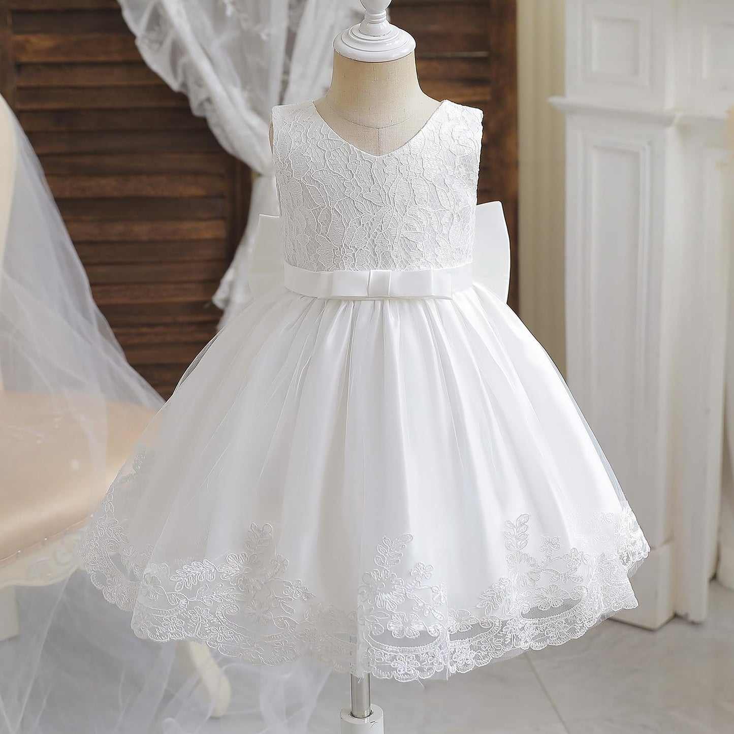 Nnjxd Baby Girls Lace Dress Bowknot Flower Dresses Wedding Pageant Baptism Christening Tutu Gown Size (100) 18-24 Months #White