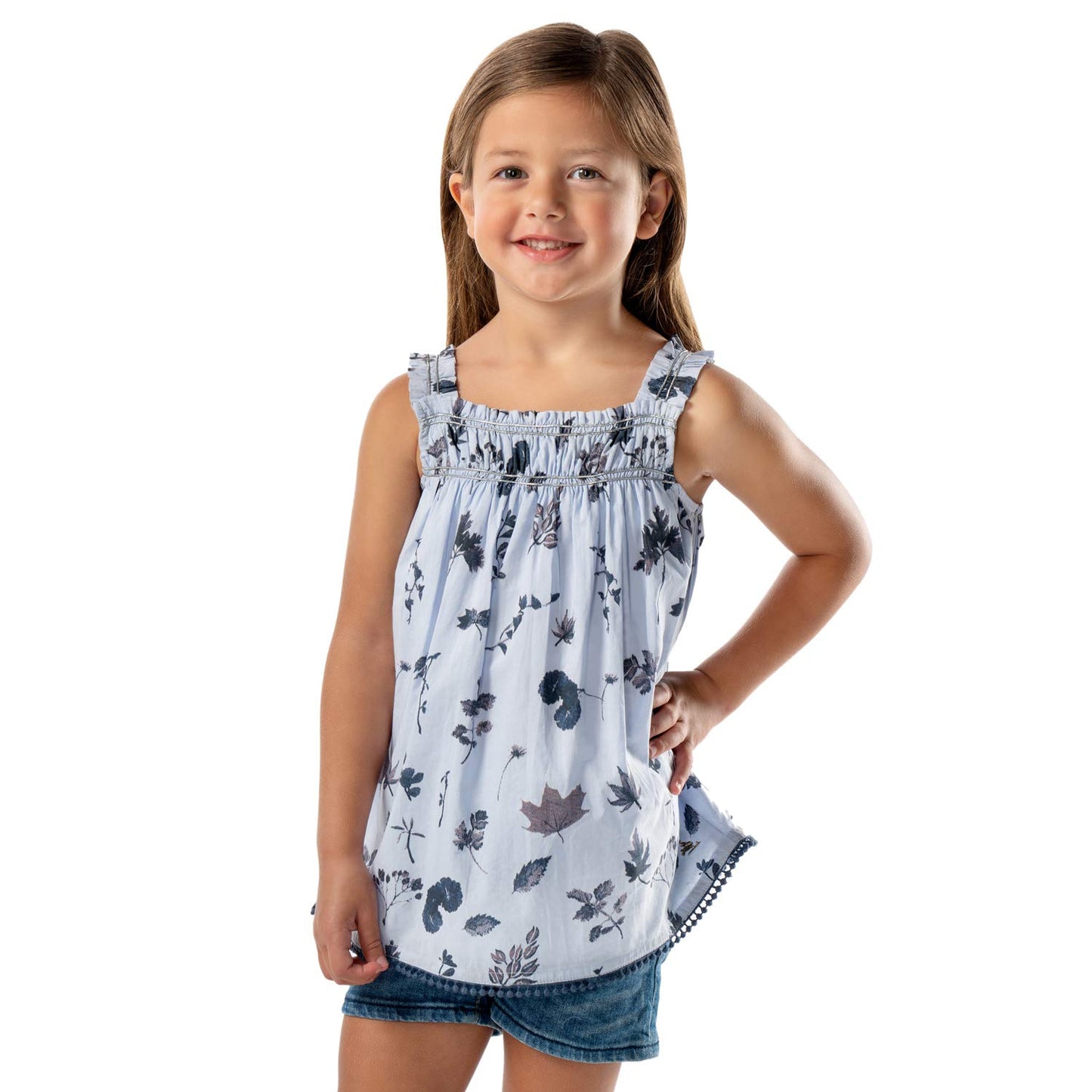 Cherry Crumble Blue Floral Printed 100% Cotton Sleeveless Square Neck Casual Wear Regular Fit Floral Print Summer Top for Girls