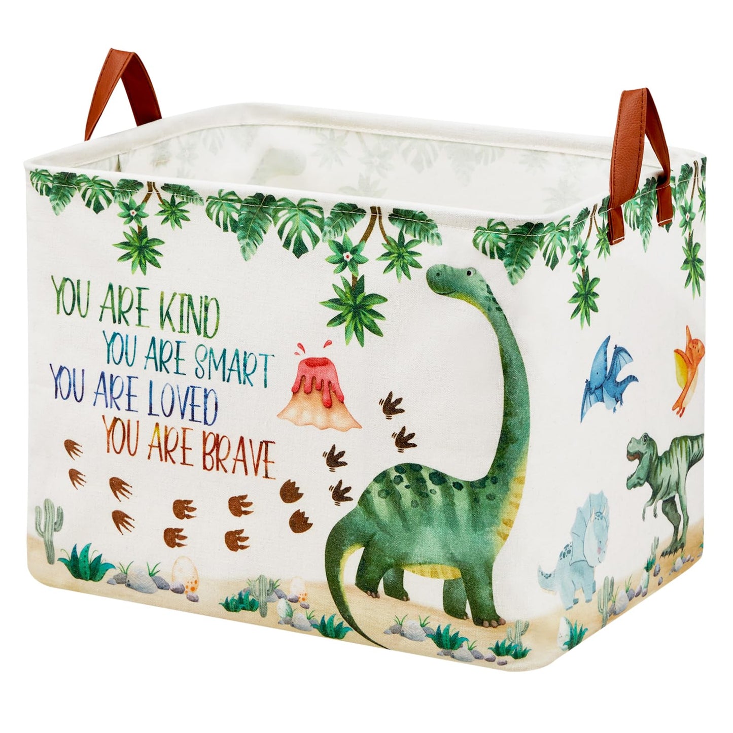 Dinosaur Nursery Decor Baby Gift Basket with Inspirational Quotes Large Kid Storage Chest Trunk Woodland Stone Volcano Book Shel