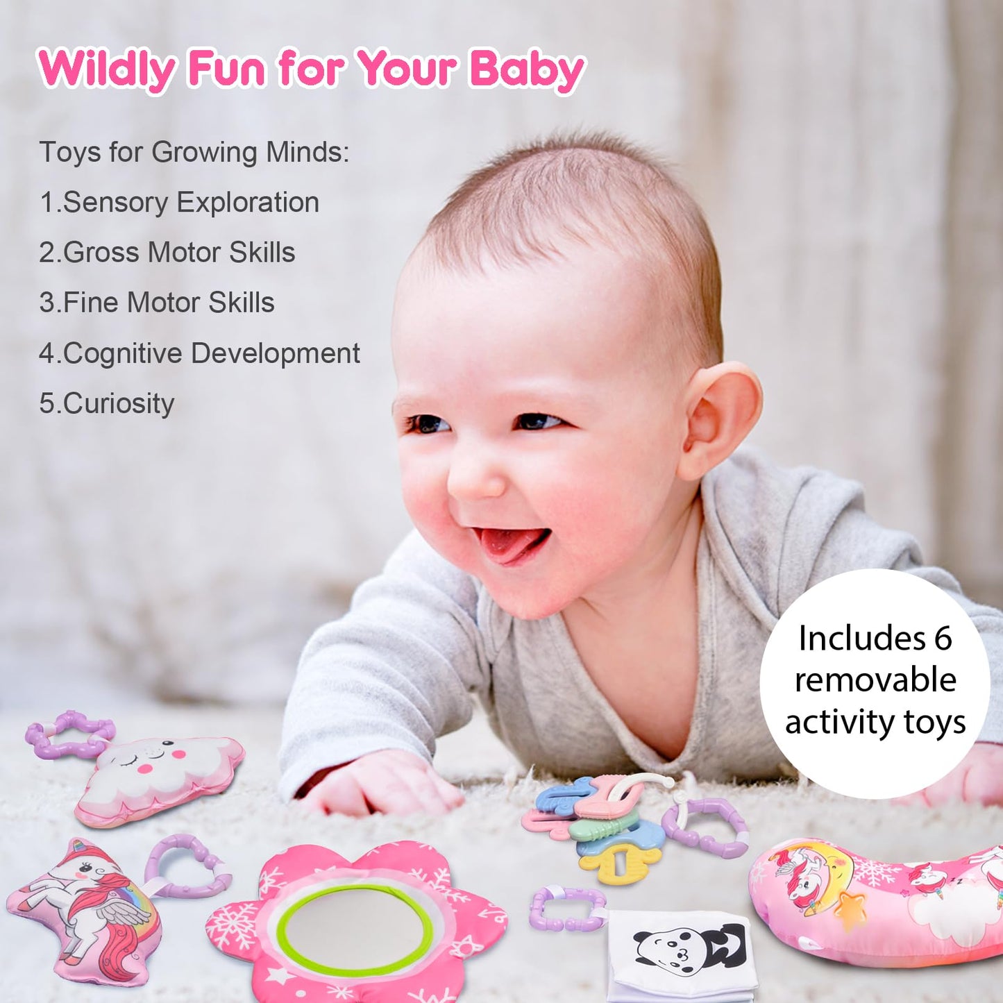 Battop Baby Gym Play Mat, 8-In-1 Tummy Time Activity Mat & Ball Pit With 6 Toys, Washable Sensory Playmat For Visual/Hearing/Mot