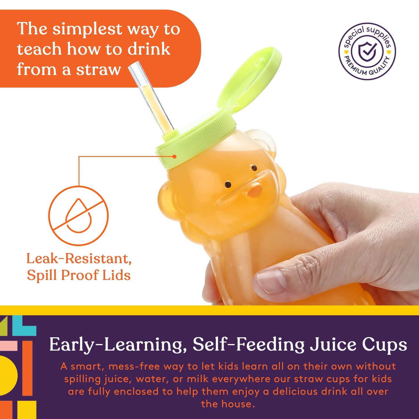 Special Supplies Honey Bear Straw Cup For Babies, 4-Pack, Fun Animal-Shaped Baby Led Weaning Training Drink For Straw Training A