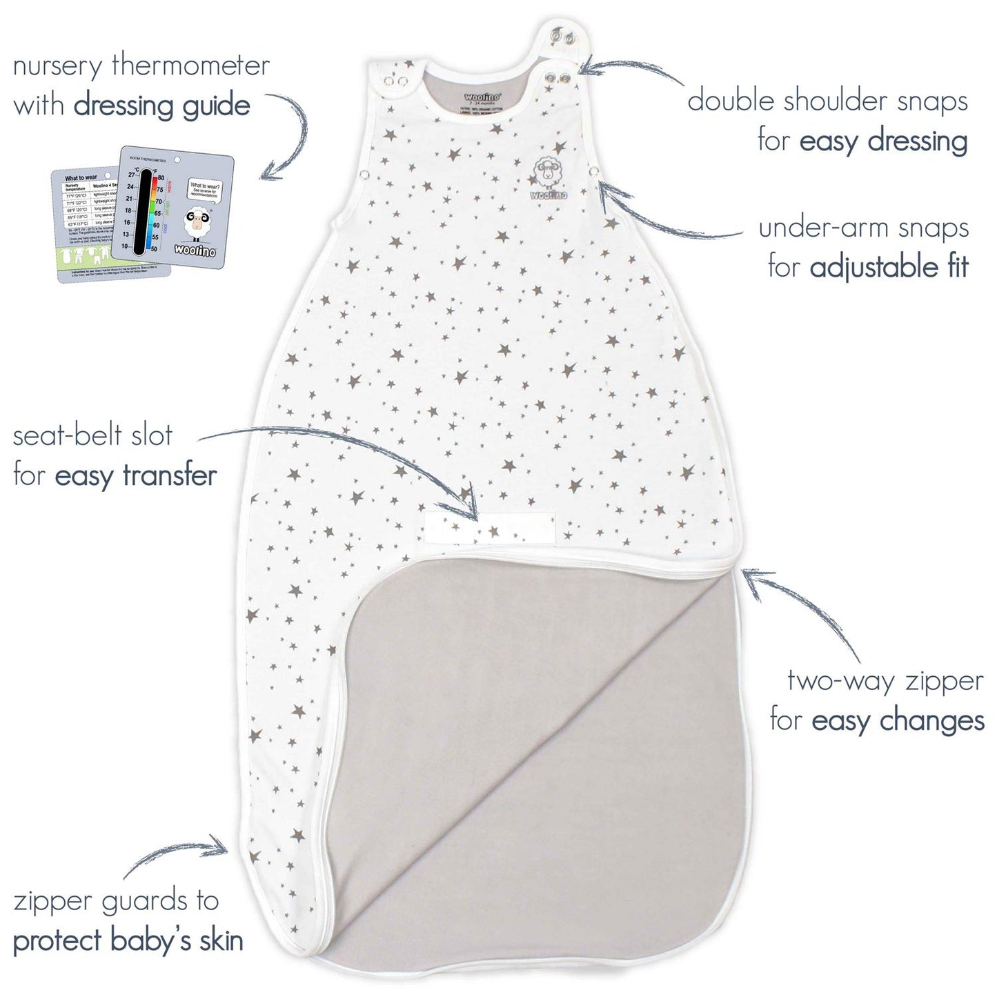 Woolino 4 Season Ultimate Baby Sleeping Bag - Merino Wool And Organic Cotton - Universal Size Adjustable Sleep Sack For Baby - T