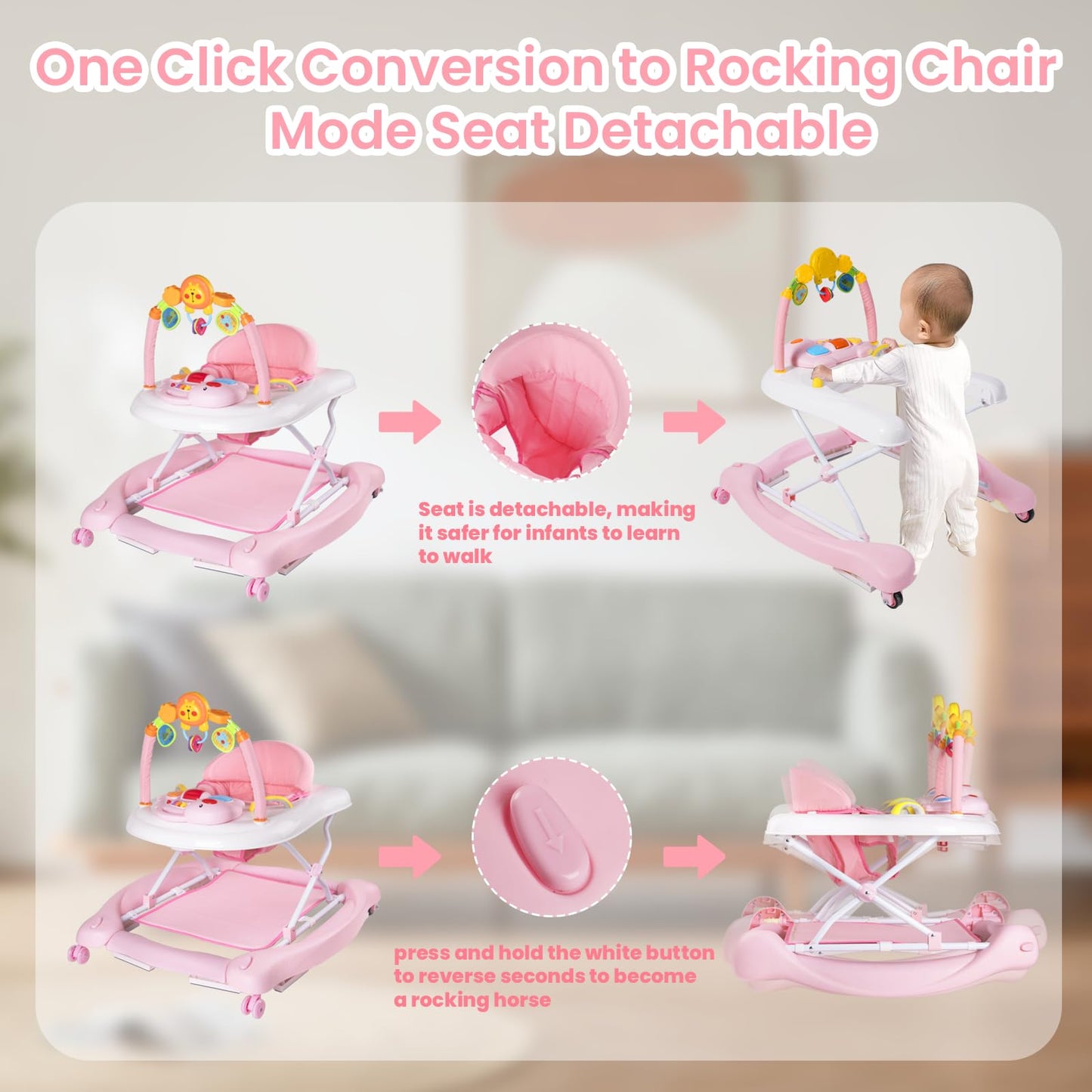 Boyro Baby 5-In-1 Baby Walker, Baby Walkers For Boys Girls 6-12 Months, Foldable Activity Walker, Toddler Infant Walker With Bou