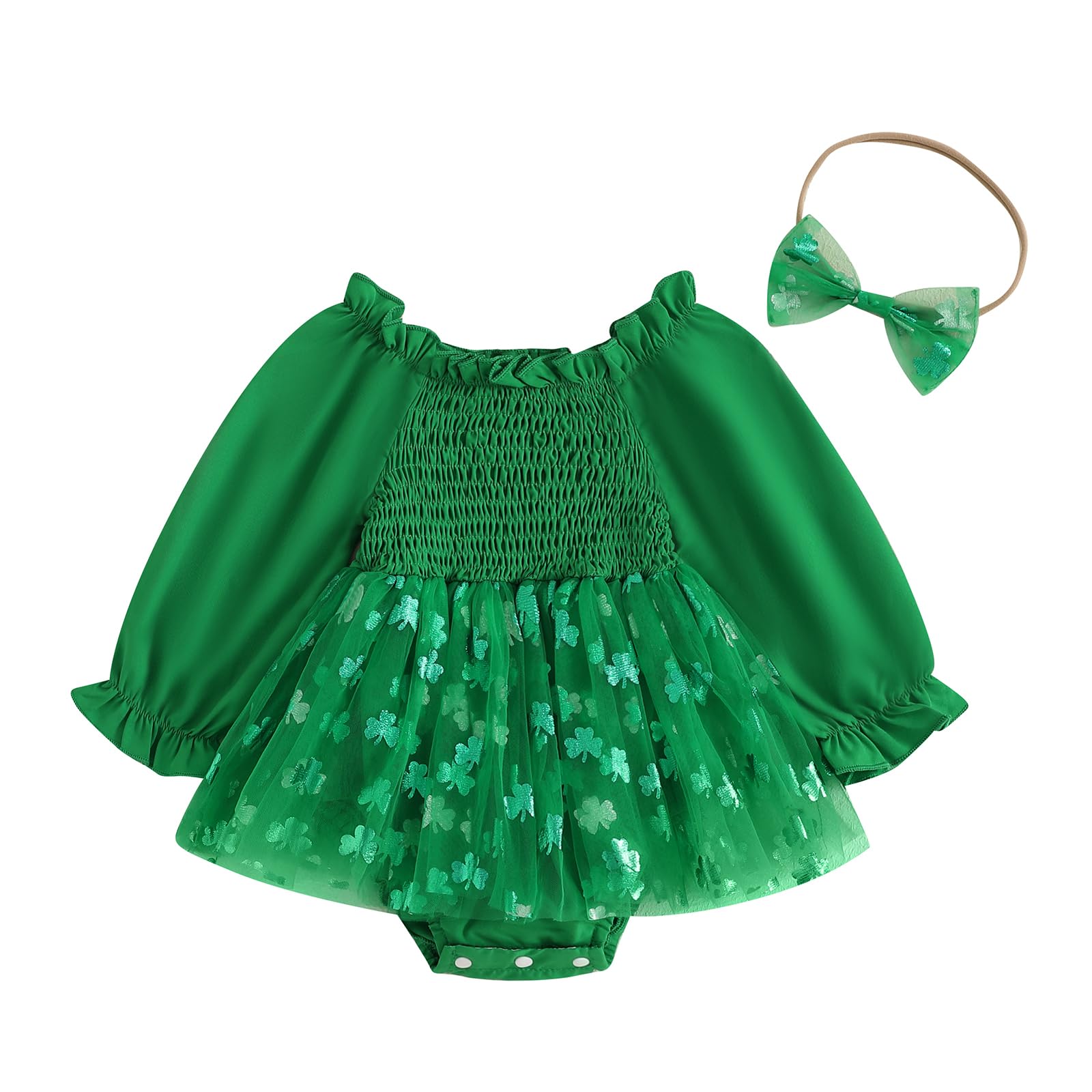 Baby Girl Valentines Day Dress Heart Puff Sleeve Cotton Linen Tulle Romper Dresses Newborn Valentines Outfit (Green Clover St Pa