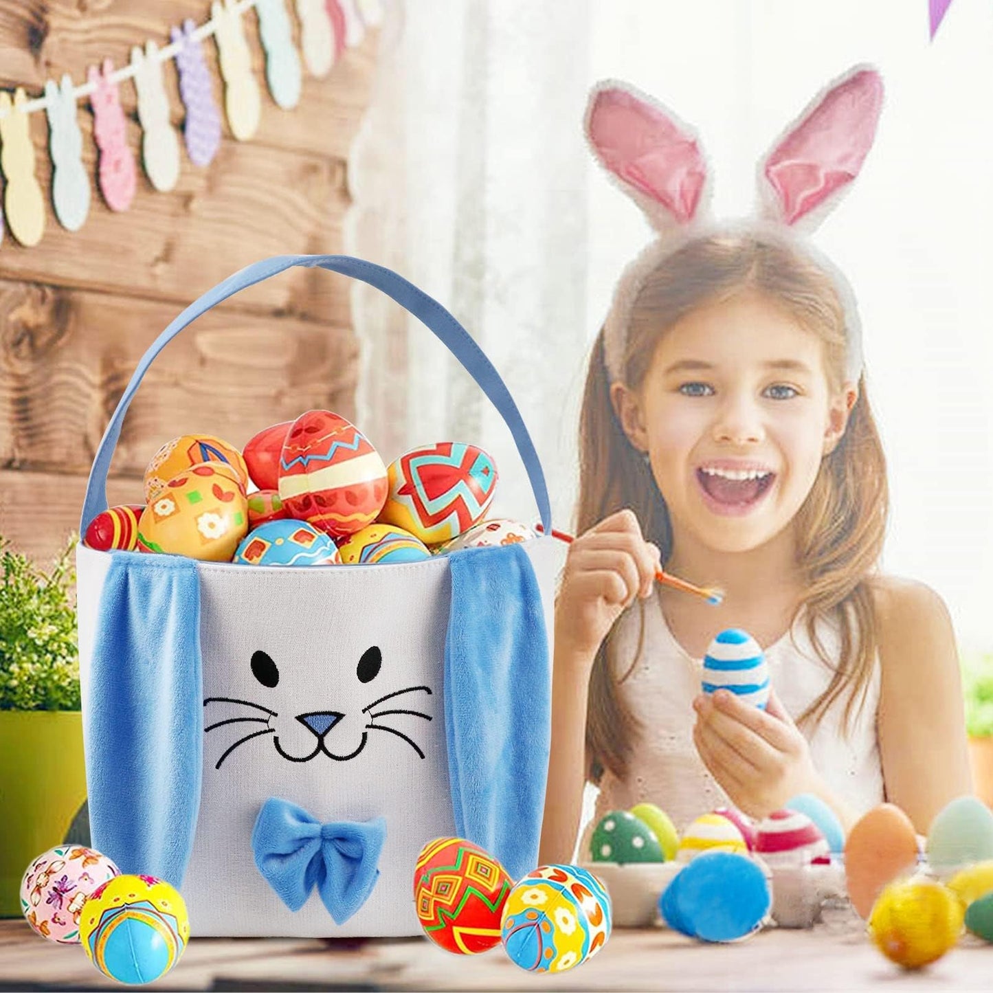Fanunny Easter Bunny Baskets For Kids Empty Egg Hunt Bags, Rabbit Buckets With Handle For Carrying Candy Cute Stuffed Easter Fes