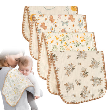 SNOWIE SOFT 4Pcs Baby Burp Cloths Set, Soft Breathable Absorbent Muslin Baby Burp Cloths for New Born, Cute Floral Print Shoulde