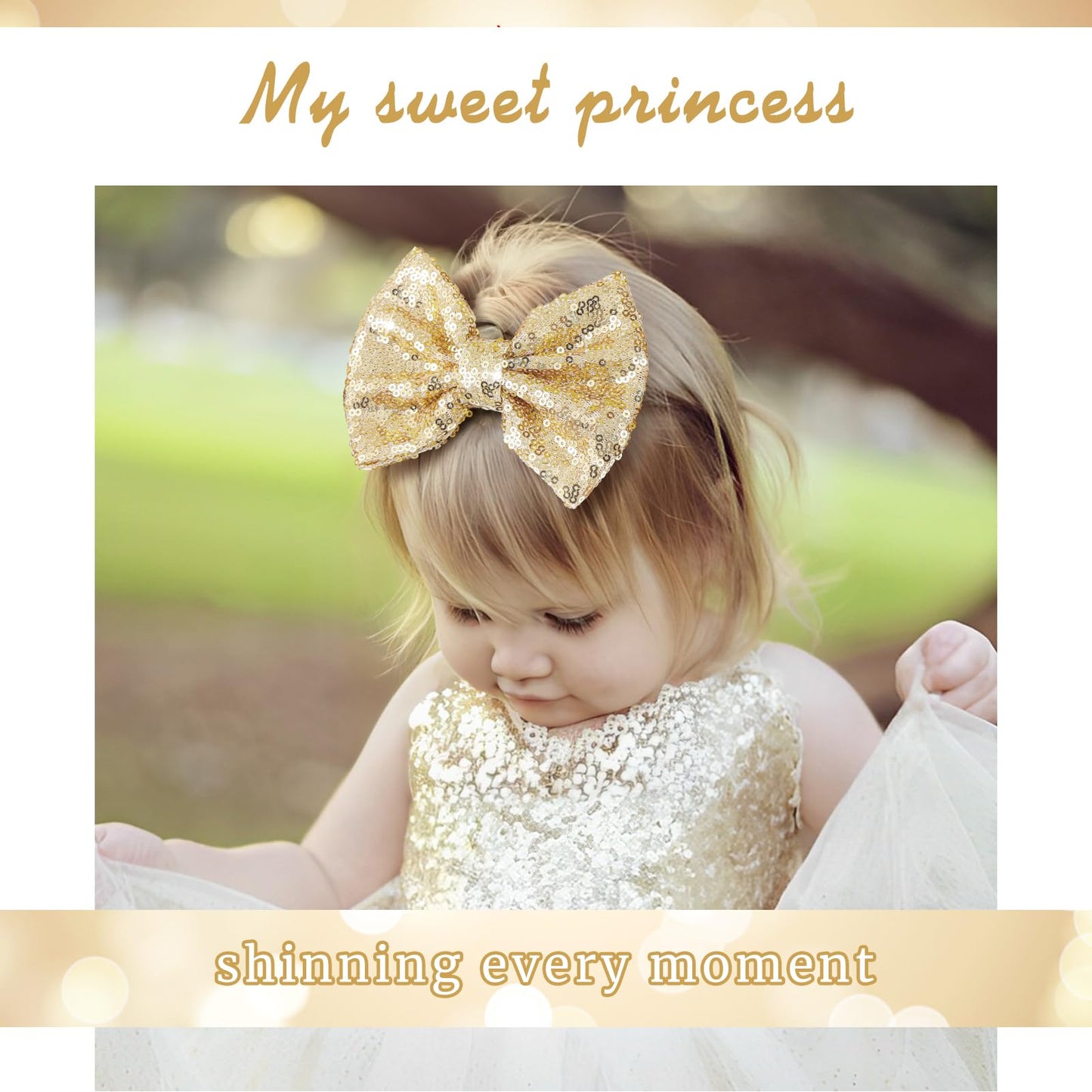 Lanmerry 5 Inch Glitter Sequin Gold Hair Bows And Clips For Baby Toddler Girls - Big Hair Accessories