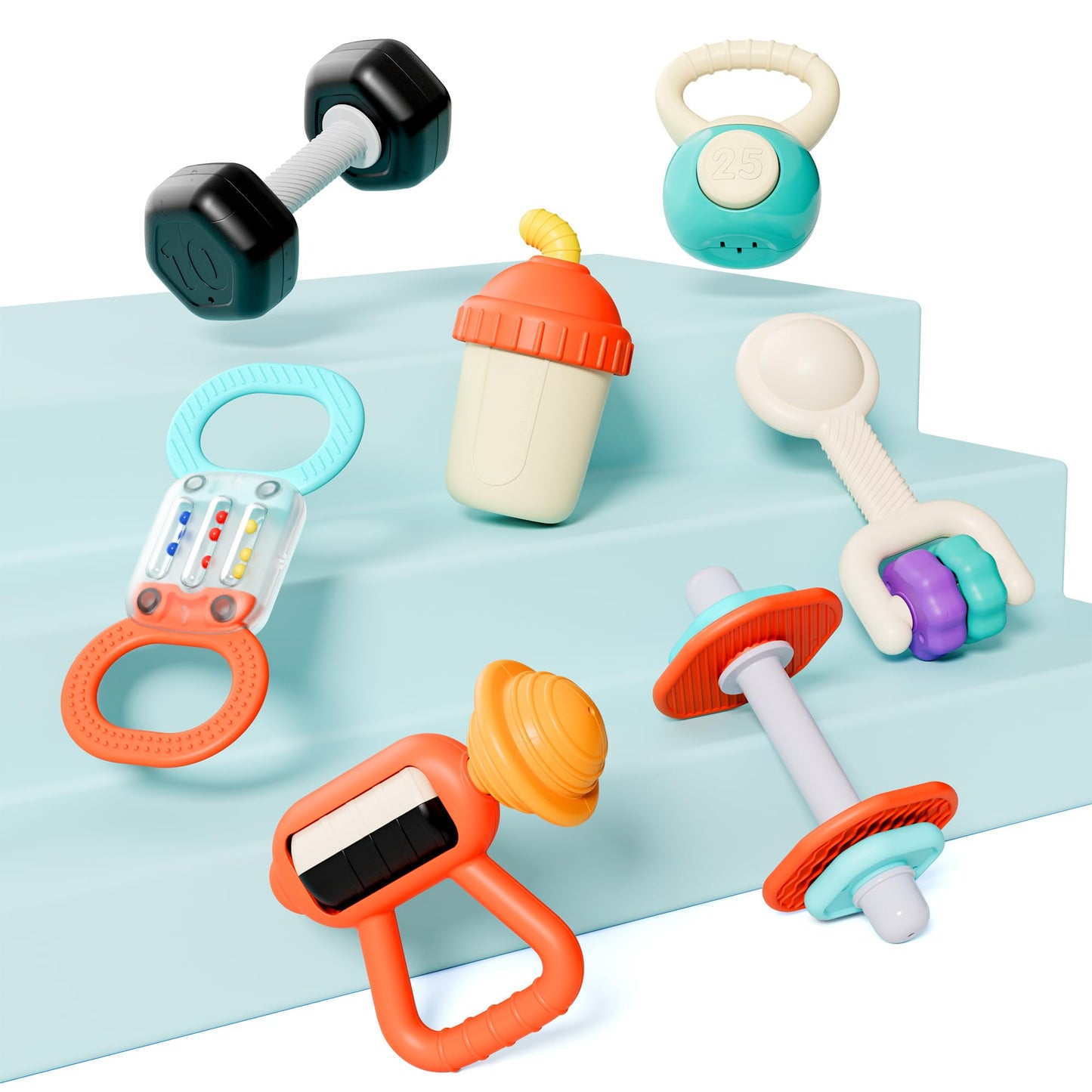 iPlay, iLearn Baby First Gym Rattle Set, Infant Dumbbell Weights Teething Rattles 3-6-12 Month, Newborn Workout Sensory Stroller