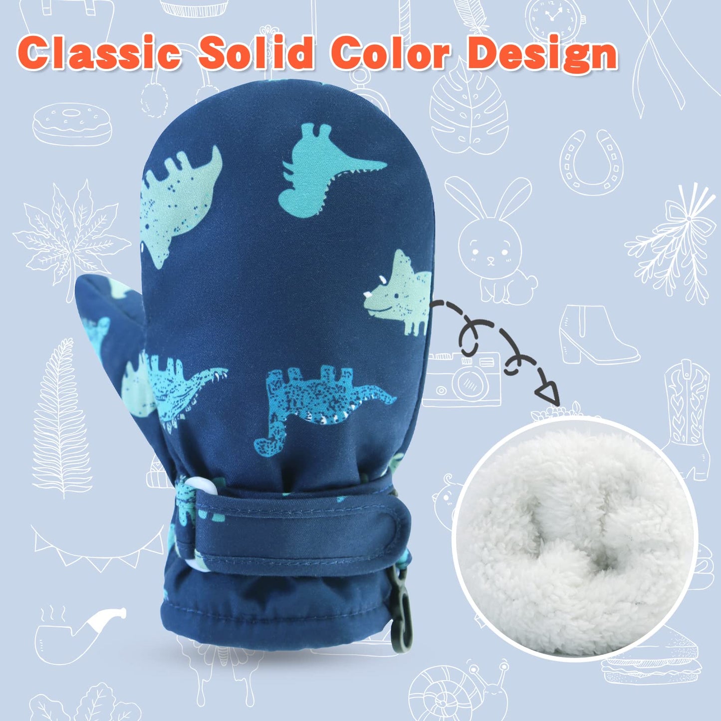 Toddler Waterproof Mittens Fleece Lined Baby Boys Girls Winter Warm Glove Kids Snow Infant Ski Mitten For 3M-5T (Blue Dinosaur,