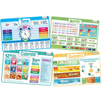 Merka Kids Placemat For Dining Table, 4 Pack Educational Placemats - 17X11 In - Features Time, Money, Calendar, & Four Seasons -