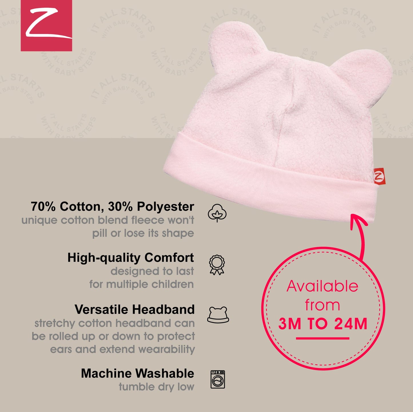 Zutano Unisex Baby Fleece Hat, Winter Baby Hat For Boys And Girls, Cold-Weather Baby Gear, Infant Cap, Baby Pink, 6M