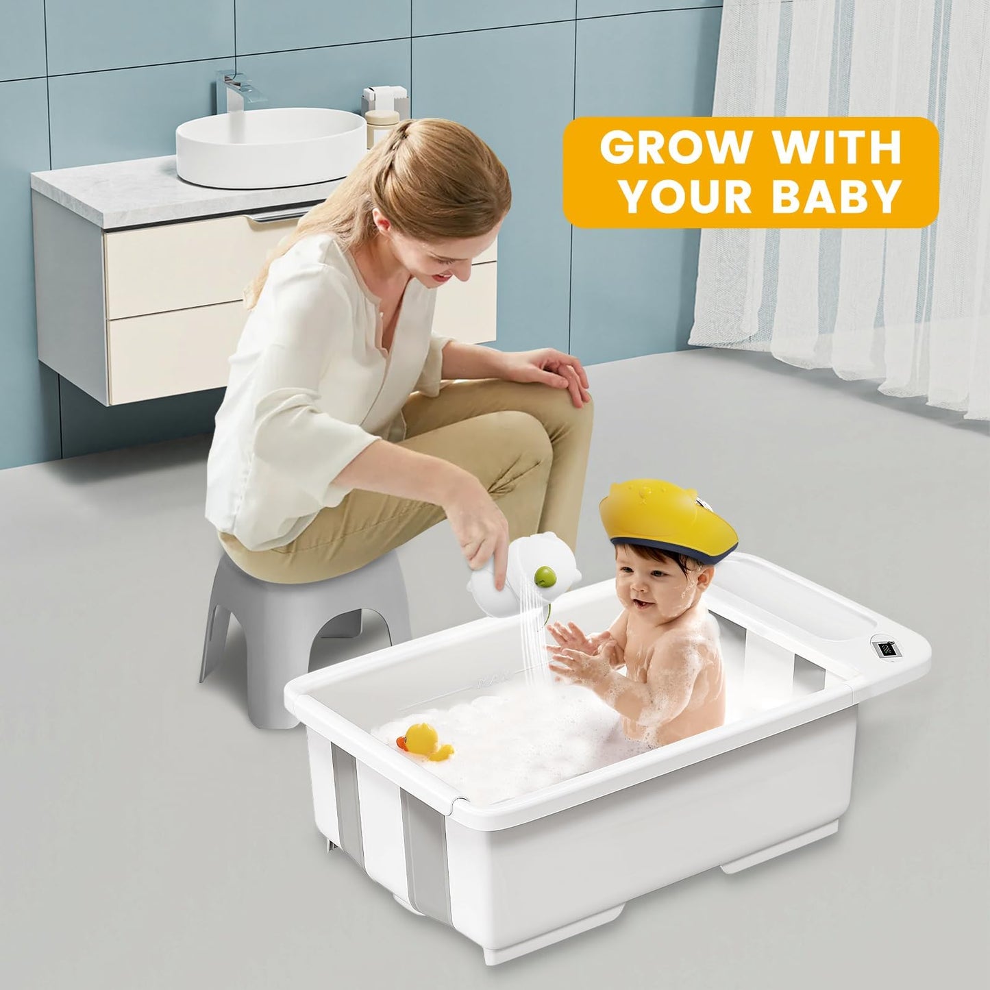 SRGAFIX Collapsible Baby Bathtub with Smart Temperature Display & Bath Stand, Portable Travel Bathtub, Foldable Baby Bathtub Sup