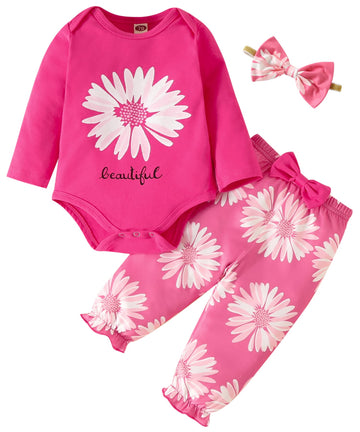 Fullfamous Baby Girl Clothes Gifts Outfits,Fall Winter Long Sleeve Romper And Pant Set Raspberry Sunflower 12-18 Months