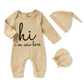 Grnshts Newborn Baby Boy Romper Coming Home Outfits Letter Print Knitted Jumpsuit+Hat+Gloves 3Pcs Clothes Set (Apricot, 1-3 Mont