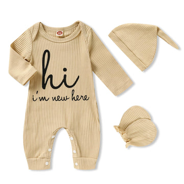 Grnshts Newborn Baby Boy Romper Coming Home Outfits Letter Print Knitted Jumpsuit+Hat+Gloves 3Pcs Clothes Set (Apricot, 1-3 Mont