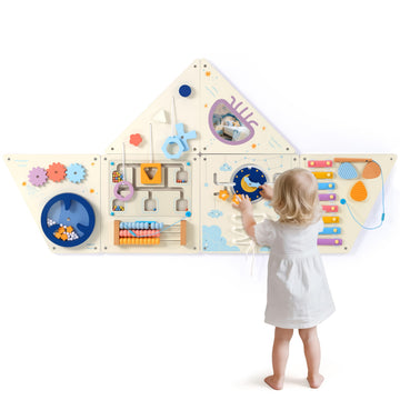 Pillowhale Tangram Activity Wall Busy Board Panels, 12-in-1 Learning Activity Center, Wooden Montessori Sensory Toys for Toddler